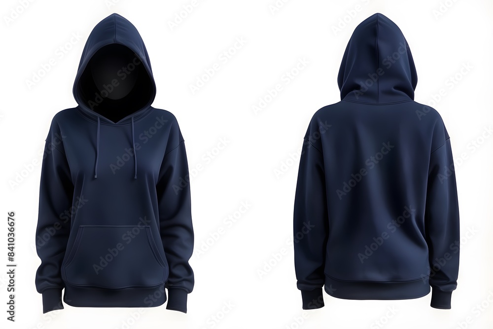 Female set of navy blue front and back view tee hoodie hoody woman sweatshirt on white background cutout, Mockup template for artwork graphic design