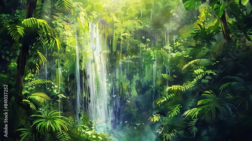 jungle with a hidden waterfall watercolor painting