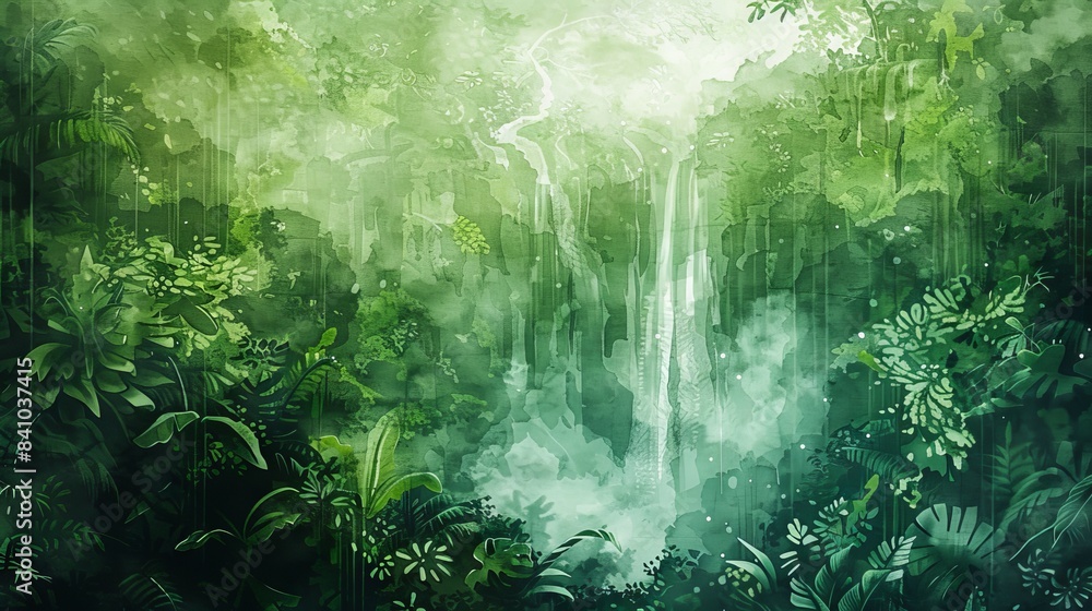 Obraz premium jungle with a hidden waterfall watercolor painting
