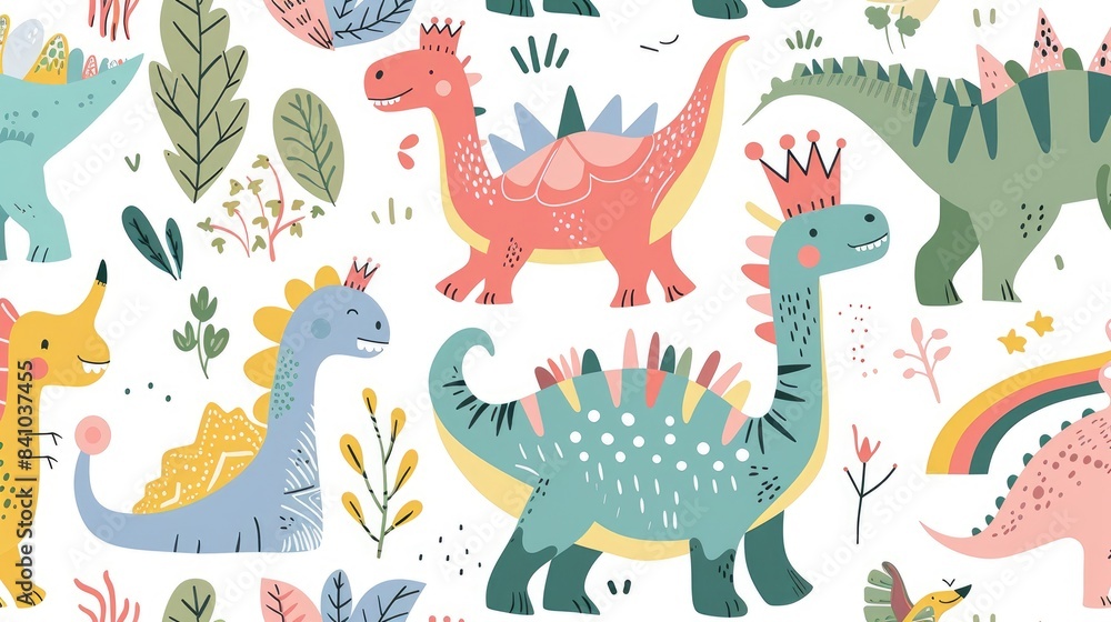 Naklejka premium Adorable Dino princess seamless pattern featuring whimsical girls dinosaurs sporting crowns frolicking in a jungle adorned with a rainbow Captured in a playful hand drawn Scandinavian style