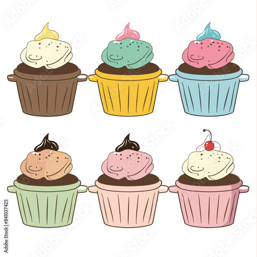 Three rows colorful cupcakes different icing flavors, sprinkles, cherry top, white background. Handdrawn six cupcakes, pastel colors, frosted dessert, sweet bakery treats illustration. Cute