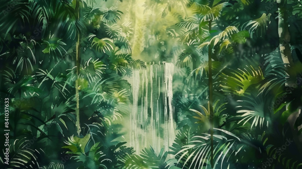 Obraz premium jungle with a hidden waterfall watercolor painting