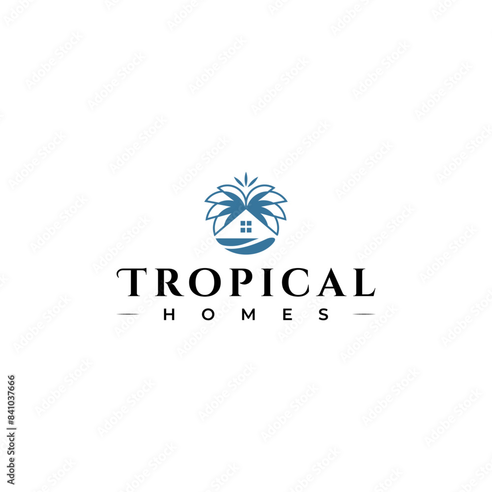 home building with tropical tree and waves logo icon vector template home building with tropical tree and waves logo icon vector template