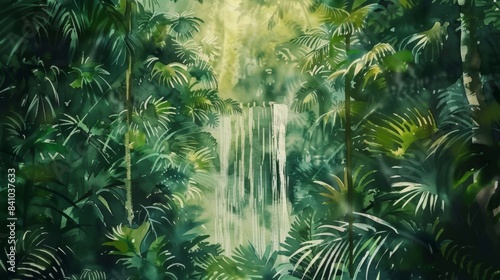 jungle with a hidden waterfall watercolor painting