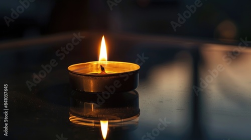 Tea light candle aflame against dark backdrop reflecting in dark mirror detailed perspective