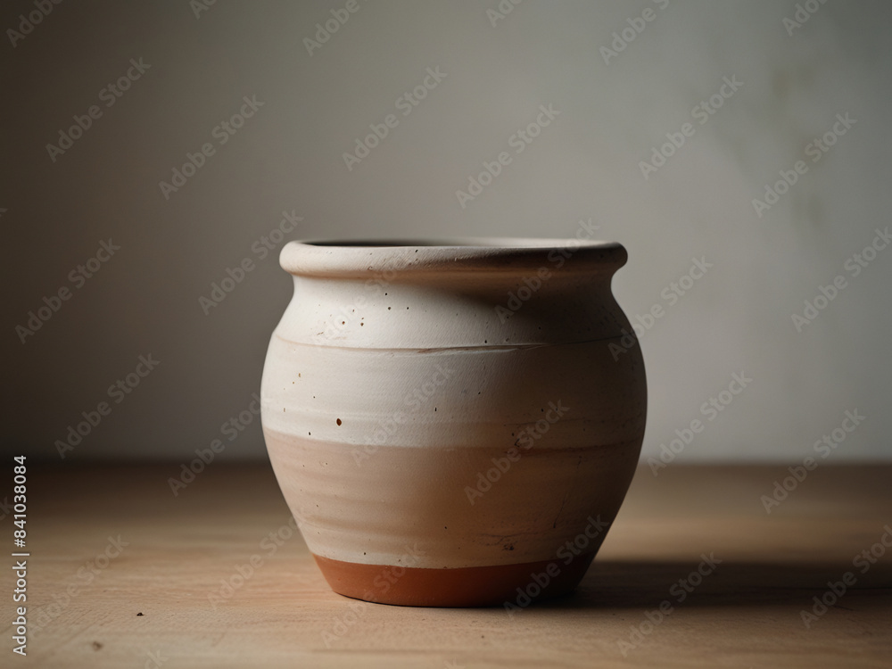 An empty clay pot standing on bright white studio background An empty clay pot standing on bright white studio background