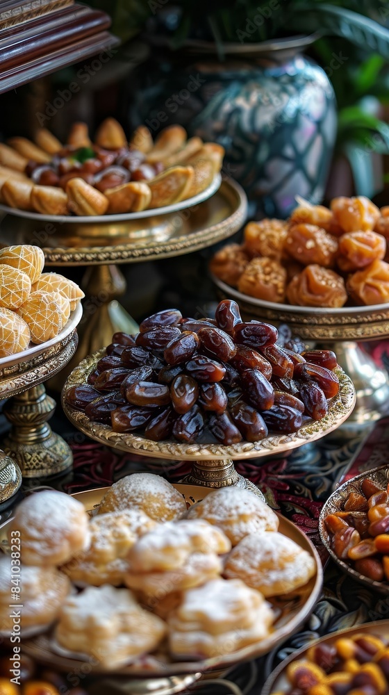 Closeup of traditional sweets and dates on a decorated table Closeup of traditional sweets and dates on a decorated table