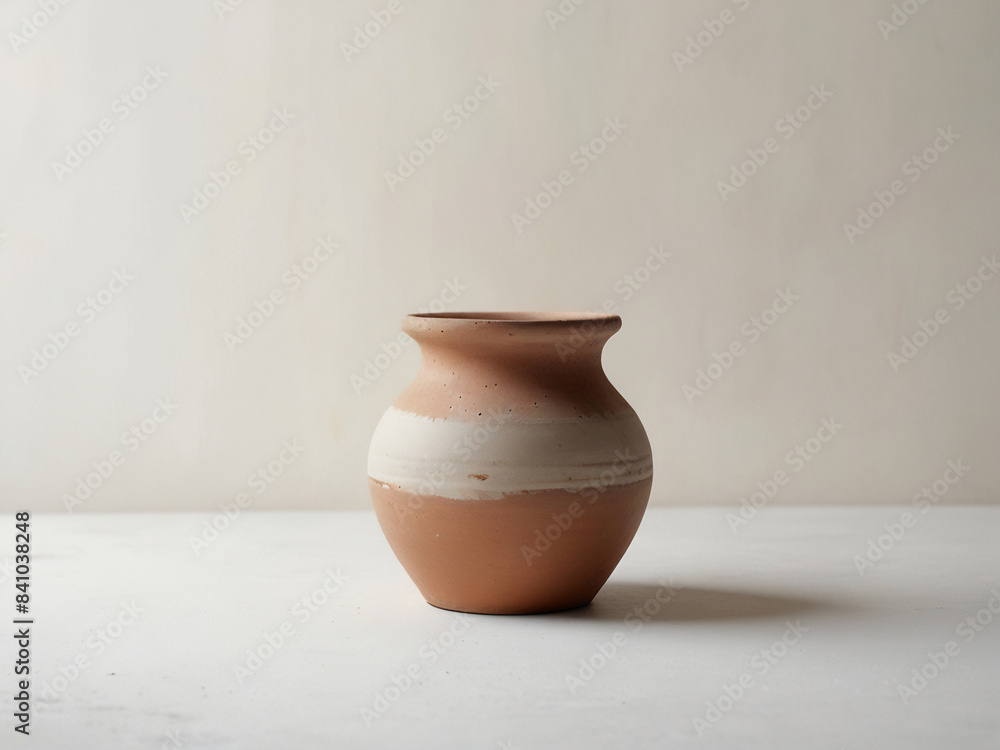 An empty clay pot standing on bright white studio background An empty clay pot standing on bright white studio background