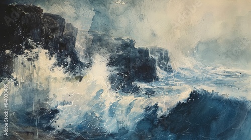 dramatic coastal cliff with crashing waves watercolor painting