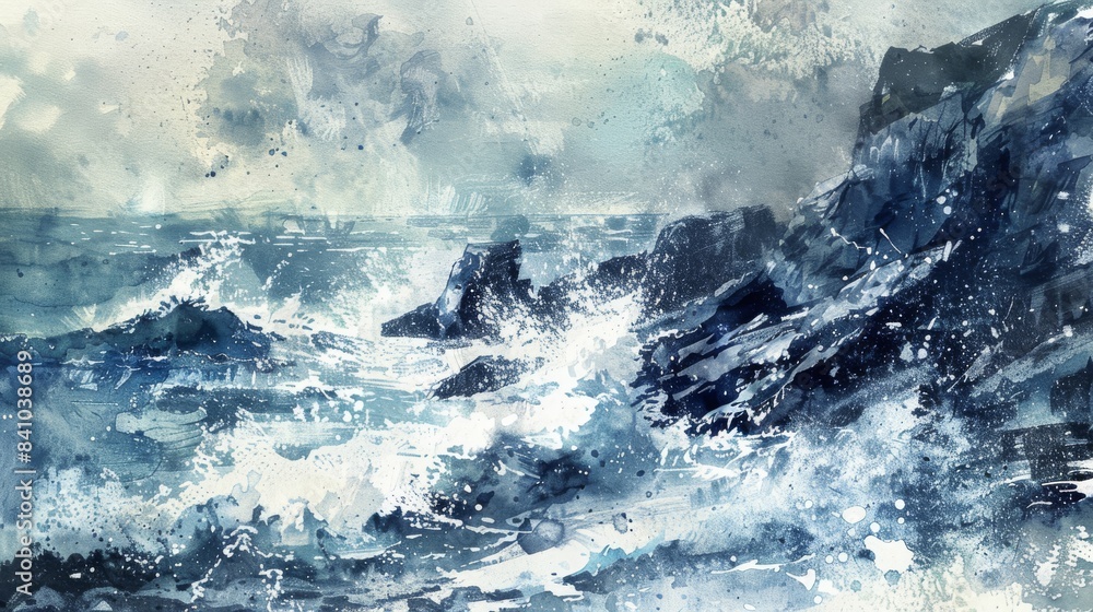 dramatic coastal cliff with crashing waves watercolor painting dramatic coastal cliff with crashing waves watercolor painting