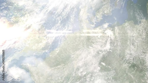 Earth zoom in from space and focus on Nordhorn, Germany. 3D style Animation. Satellite view. Background for travel intro, blog. Images from NASA. photo