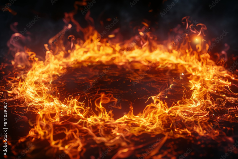 Fiery ring of flames burning brightly in a dark background, creating a mesmerizing and intense visual effect. Perfect for high-impact designs. Fiery ring of flames burning brightly in a dark background, creating a mesmerizing and intense visual effect. Perfect for high-impact designs.