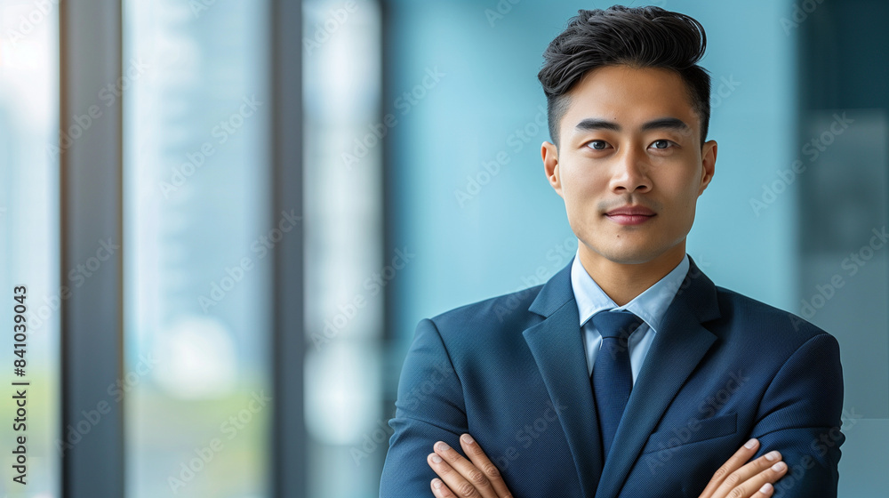 Young asian male businessman in suit, standing confidently in office with copy space Young asian male businessman in suit, standing confidently in office with copy space