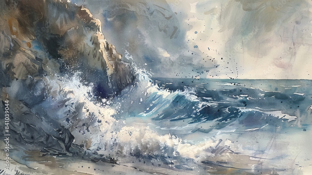 dramatic coastal cliff with crashing waves watercolor painting dramatic coastal cliff with crashing waves watercolor painting