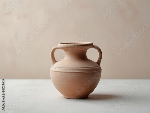 An empty clay pot standing on bright white studio background