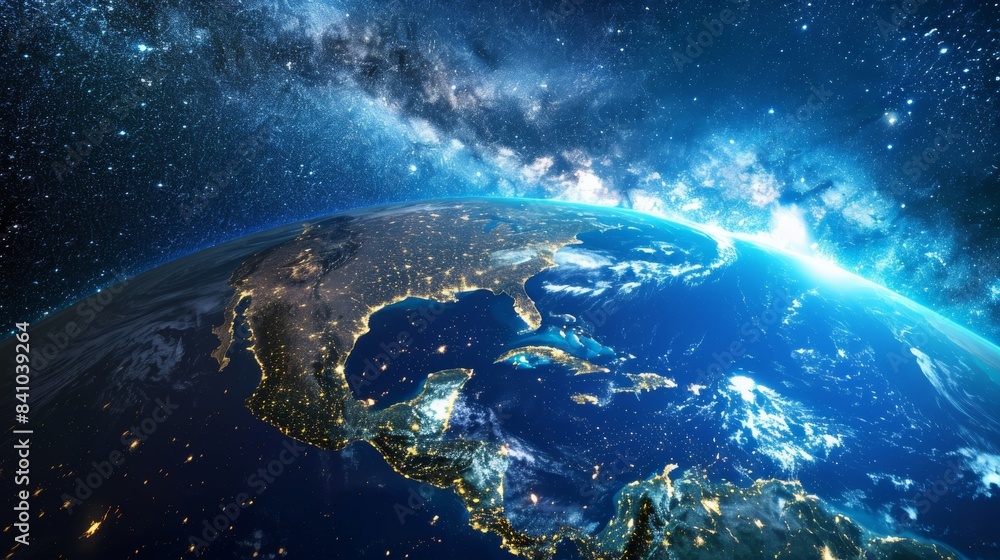 Fototapeta premium Earth at night from space, North America illuminated, sunrise view. Blue marble, illuminated continents, cosmic night view.