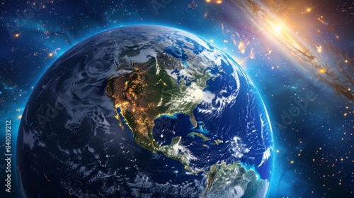 Earth at night from space, North America illuminated, sunrise view. Blue marble, illuminated continents, cosmic night view.