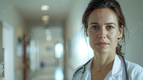 A female doctor wearing a uniform, headphones around her neck, smiling in the hospital hallway, beautifully lit.