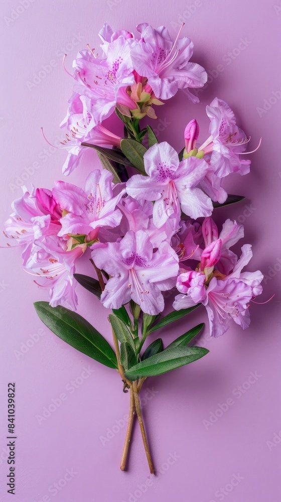 A close-up image of a cluster of pink rhododendron flowers on a light purple background A close-up image of a cluster of pink rhododendron flowers on a light purple background