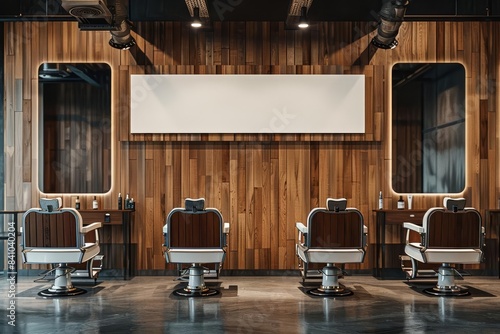 A sleek and modern barber shop with a mediumsized white blank mockup banner above the styling chairs photo