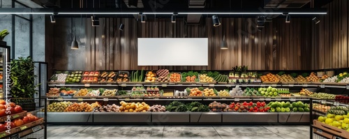 A sleek, modern grocery store with a small white blank mockup banner above the produce section