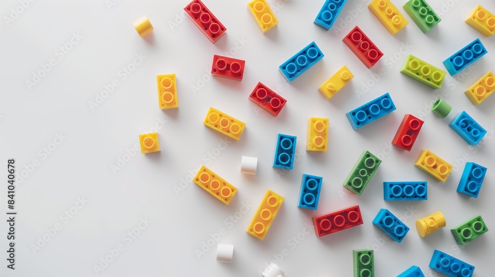 Top view of building block toys on white background, copy space Top view of building block toys on white background, copy space