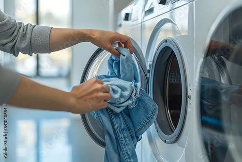 A person easily loading clothes into a frontloading washing machine with a smile The background is a bright and modern laundry room, emphasizing convenience photo