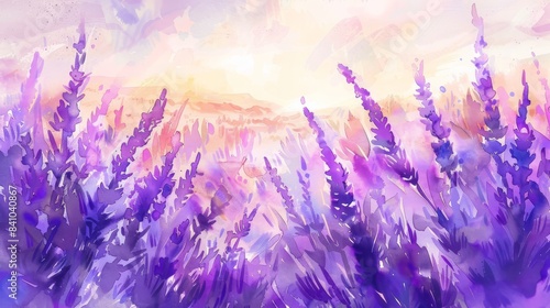 A field of lavender watercolor illustration