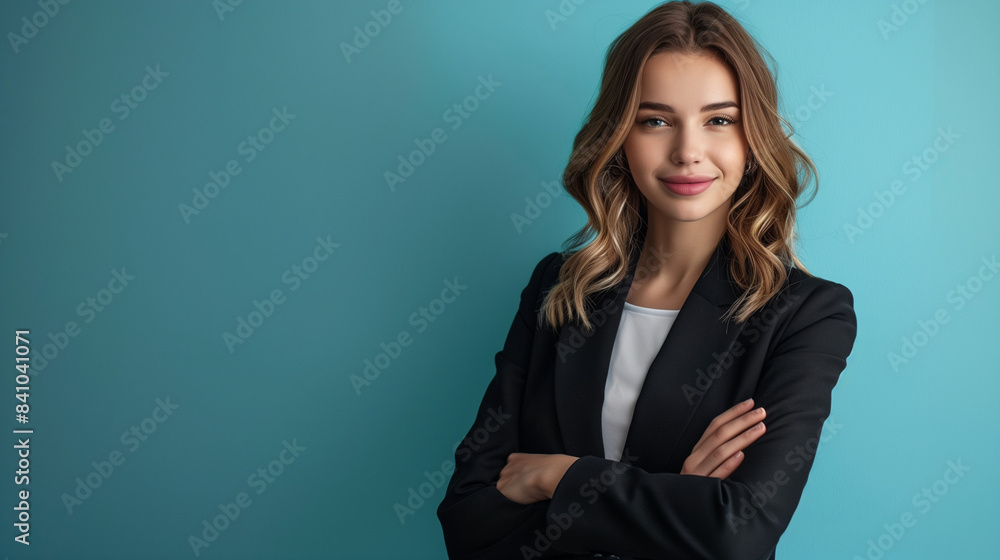 Young blonde female businesswoman in suit, standing confidently on blue background with copy space Young blonde female businesswoman in suit, standing confidently on blue background with copy space