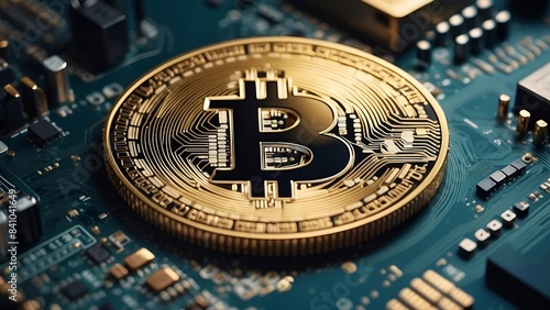 Bitcoin in Close-up View on a Tech Circuit Board. 3D render illustration