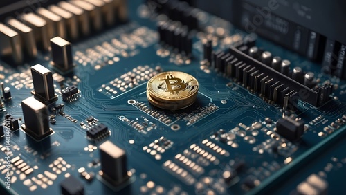 Bitcoin in Close-up View on a Tech Circuit Board. 3D render illustration