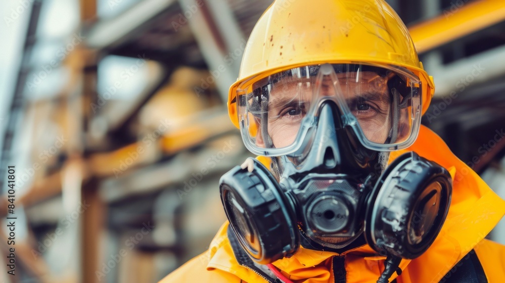 A man in a yellow safety suit with a gas mask on his face A man in a yellow safety suit with a gas mask on his face