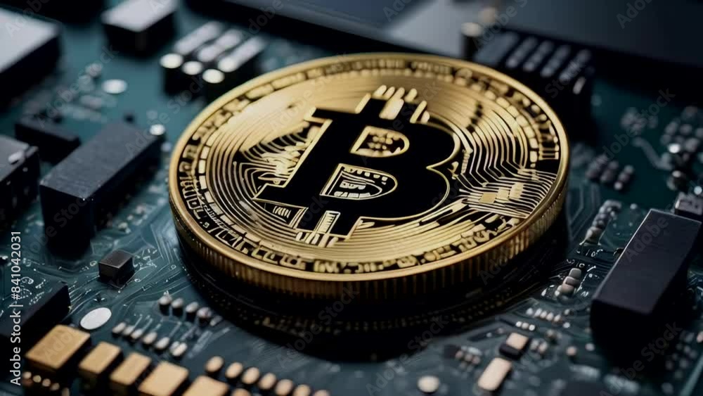 Bitcoin in Close-up View on a Tech Circuit Board. 3D render illustration Bitcoin in Close-up View on a Tech Circuit Board. 3D render illustration