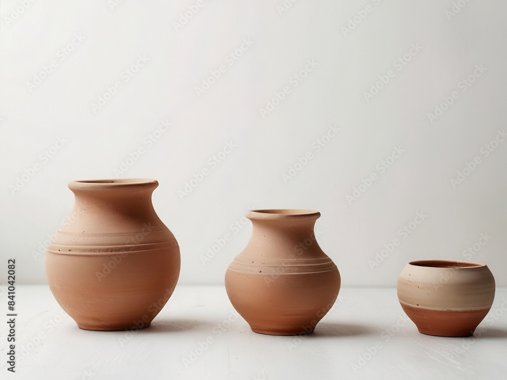 Group of empty clay pot standing on floor inside bright white studio background Group of empty clay pot standing on floor inside bright white studio background