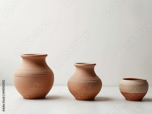 Group of empty clay pot standing on floor inside bright white studio background