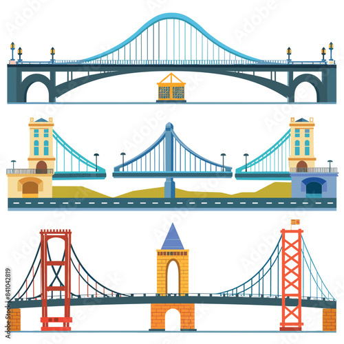 Collection iconic bridge illustrations, representing various famous bridge designs, detailed colorful. Arch suspension bridges depicted, landmark engineering urban environment, flat graphic style