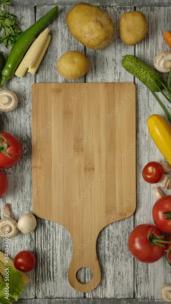 Small potato rolling on a rustic wooden table with vegetables. he concept of vegetarian food. Raw vegetables are ready to cooking. Vertical shot. Small potato rolling on a rustic wooden table with vegetables. he concept of vegetarian food. Raw vegetables are ready to cooking. Vertical shot.