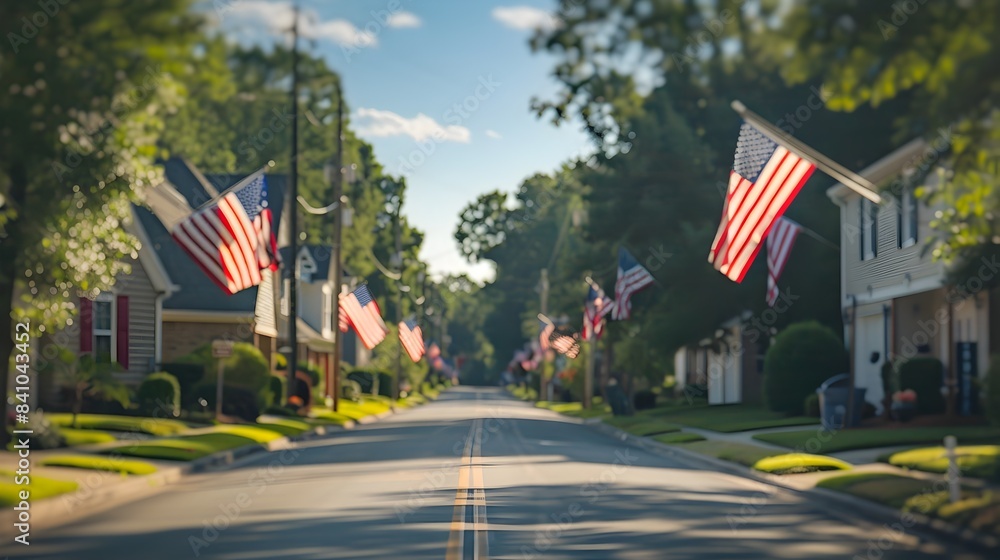 American Flag Decorated Neighborhood Street Awaiting Summer Festivities American Flag Decorated Neighborhood Street Awaiting Summer Festivities