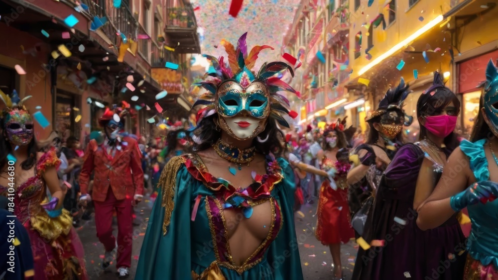 Colorful Carnival Parade with Masked Dancers and Confetti Colorful Carnival Parade with Masked Dancers and Confetti