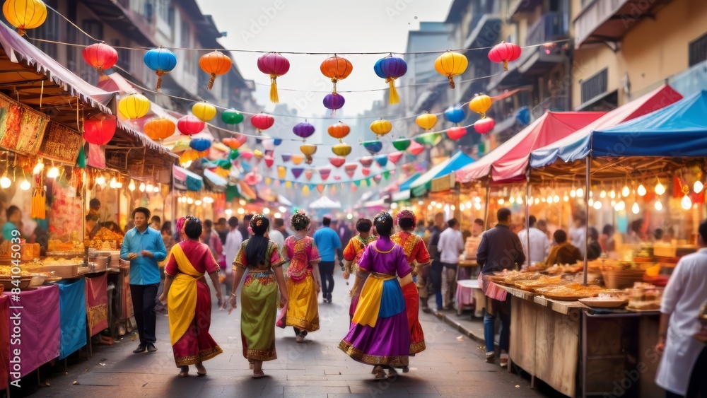 Obraz premium Colorful Street Festival with Traditional Lanterns and Cultural Performances