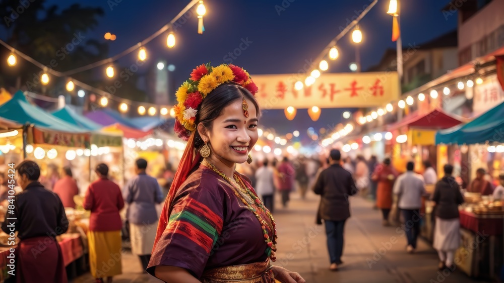 Joyful Cultural Night Market with Traditional Attire and Festive Lights Joyful Cultural Night Market with Traditional Attire and Festive Lights