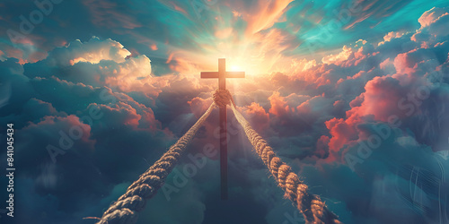 a ladder leading to a cross set against a backdrop of clouds and a bright sky photo