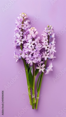 A close-up shot of a bouquet of purple hyacinths against a lavender background