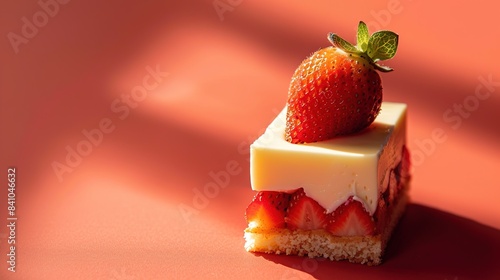 Delectable Square Cheese and Strawberry Filling on Vibrant Orange Background: Creative Food Photography photo