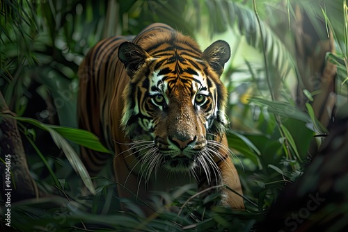 Tiger Stalking Through Dense Jungle