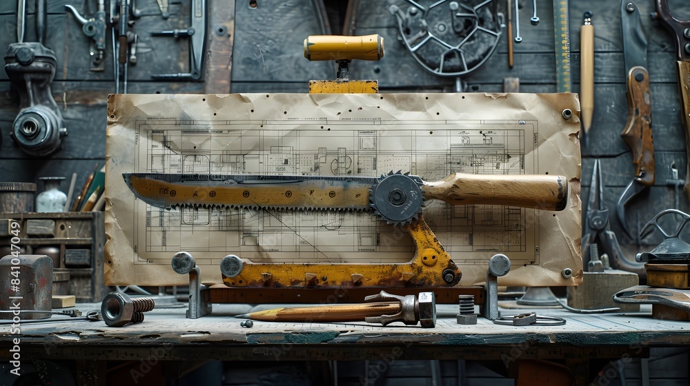 Retro Industrial Bone Saw on Blueprint with Pencil and Bolts Retro Industrial Bone Saw on Blueprint with Pencil and Bolts