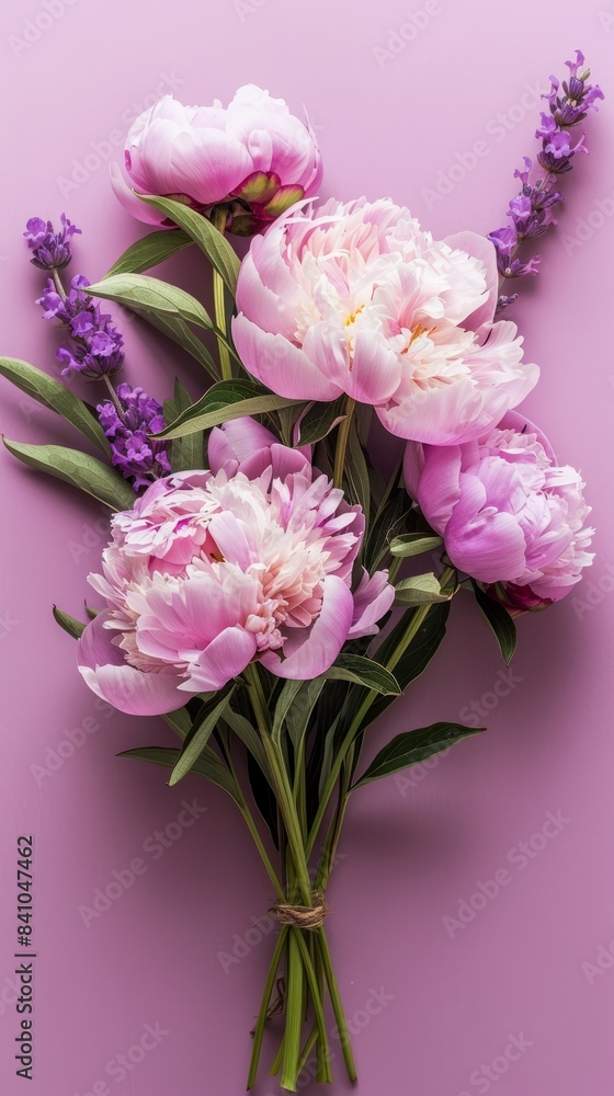 A close-up of a bouquet of pink peonies and lavender flowers arranged on a purple background A close-up of a bouquet of pink peonies and lavender flowers arranged on a purple background