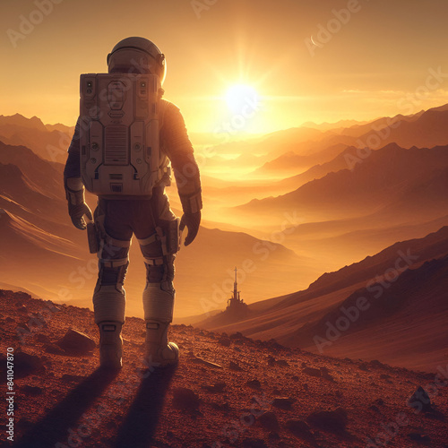 Back View of Fearless Team Astronaut Spacemen Exploring the Surface Walking on Desert Mountains of Mars or Other Red Sandy Alien Moon Planet in a Space Suit During a Sunset. Sci-Fi Travel Colonization photo