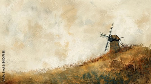 rustic old windmill on a grassy hill watercolor illustration