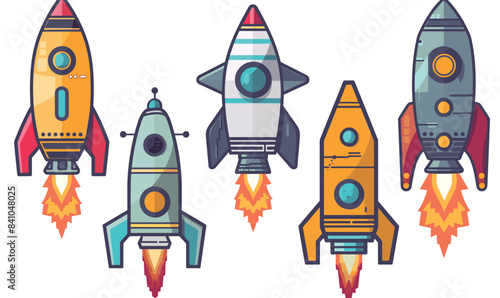 Five cartoon rockets colorful designs flames launching base. Retro rocket illustration distinct primary colors flame patterns. Isolated white background featuring variety spacecraft flight mode